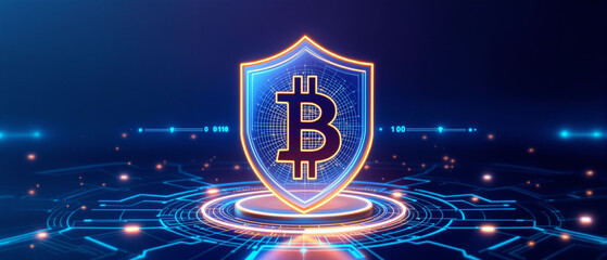 Bitcoin logo shield glowing in digital cyberspace illustrating secure blockchain transactions