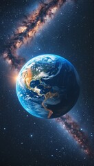 Fototapeta premium a vibrant depiction of earth illuminated against the backdrop of a swirling galactic nebula and countless stars.