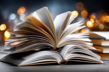 Books open on a table with a warm bokeh background illuminating the pages