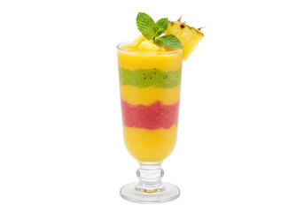 Isolated mango smoothie in a glass with kiwi, strawberries, pineapple and mint leaves