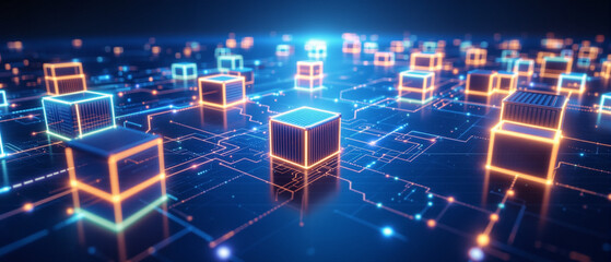 Futuristic glowing neon shipping containers representing logistics network and trade industry