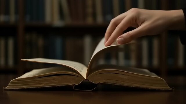 Close up of a hand turning the page of an old book in a library.