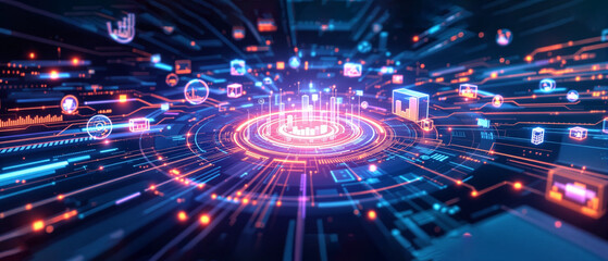 Futuristic digital dashboard of logistics and supply chain analytics glowing with neon icons