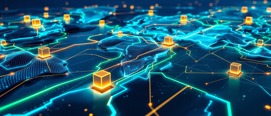 Global logistics system with glowing neon connections showing worldwide trade and distribution