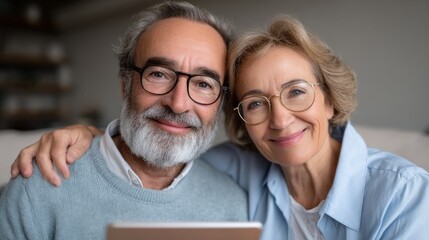 Elderly couple enjoys time together while using a digital tablet at home during a cozy morning