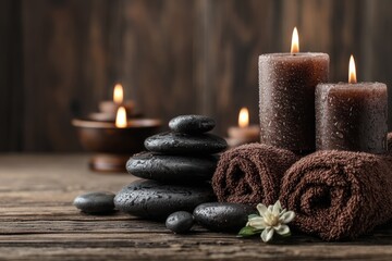 Spa scene features stacked stones, lit candles, rolled towels, and flower on wooden surface