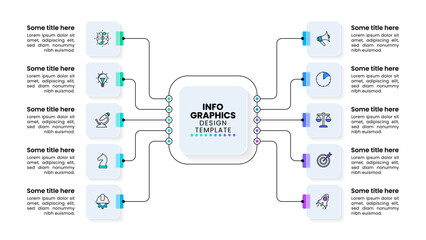 Infographic template. 10 connected squares with a title in the middle