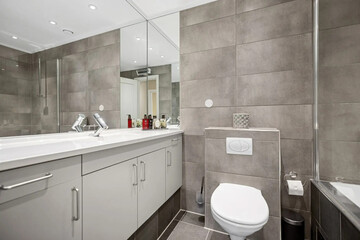 Modern bathroom interior in minimal scandinavian style, 3d render