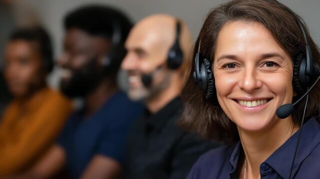 A smiling customer service representative is ready to assist in a contemporary office environment, showcasing a positive work atmosphere and efficient communication.