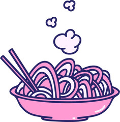 steaming udon noodles served in bowl in bright neon color