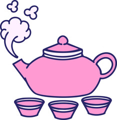 japanese tea pot with cups steaming in bright neon color