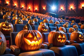 Creative Halloween movie theater backdrop with jack o lantern pumpkins glowing spooky light cinema seats popcorn entertainment minimal design template for advertising flyer poster banner branding