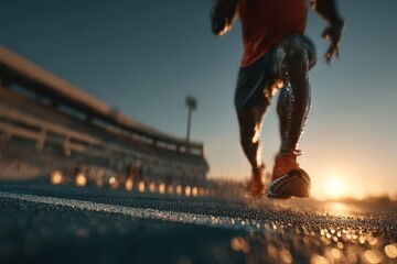 Obraz premium Athlete running on wet track during sunrise at a stadium
