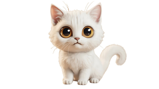 Adorable fluffy white kitten with big expressive eyes sitting patiently in an isolated view