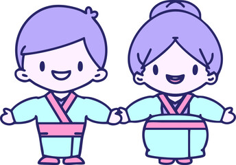 Smiling Japanese couple getting married in bright neon color