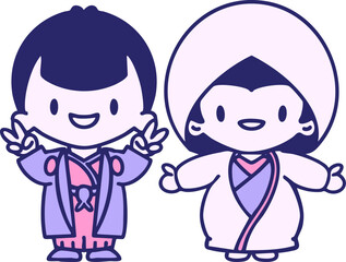 Japanese man and woman in traditional wedding clothing in bright neon color