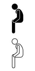 Black and white pictogram of a person slouching while seated, in solid and line art. Useful for posture correction, workplace health awareness, and educational illustrations about back care.