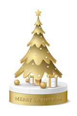 3D model of decorated golden Christmas tree with gift boxes and balls on podium isolated on white background graphic illustration.