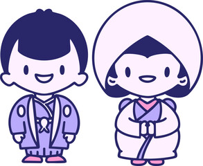 Japanese wedding couple in traditional clothing in bright neon color