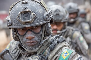 Close-up of Brazilian soldier in tactical gear during a military operation