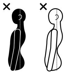 Black and white pictogram of a person with anterior pelvic tilt (swayback), in solid and line art. Includes a median line for spine alignment. Ideal for ergonomics, posture education, workplace health