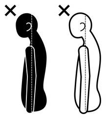 Black and white pictogram of a person with a slouched posture, shown in solid and line art. Illustrated with median line for spine alignment. Useful for ergonomics, posture education, workplace wellne