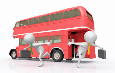 Doppeldeckerbus mit 3D Figuren als rennende Geschäftsleute