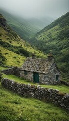 a quaint stone cottage nestled within a lush green valley, framed by rolling hills and a weathered stone wall under a muted sky.