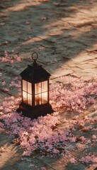 A lit lantern sits amidst fallen pink petals on a brick path, bathed in soft sunlight