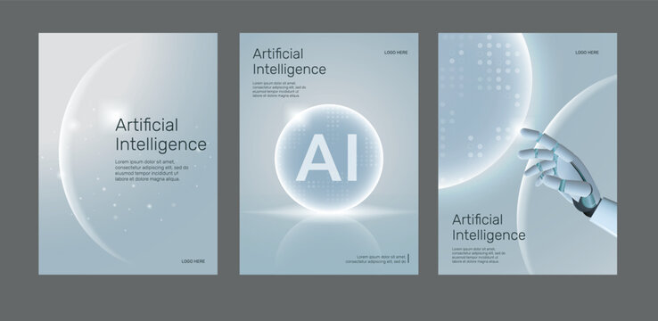 AI Digital technology business light poster template vector set. Business light gradient poster design set. AI technology business poster in grey. Clean design poster template.