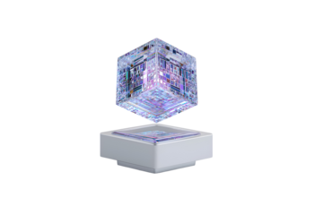 Stunning holographic crystal cube levitates above modern pedestal, showcasing intricate digital patterns and innovation