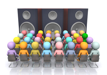 Sitzende 3D Figuren vor drei Lautsprecherboxen