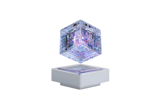 Stunning holographic crystal cube levitates above modern pedestal, showcasing intricate digital patterns and innovation