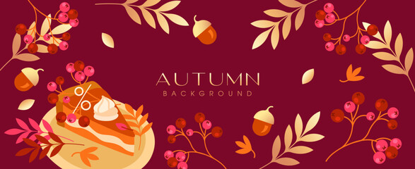 Autumn background banner with cake, leaves and berries in vector, flat style.