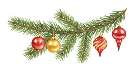 Festive Pine Branch with Colorful Christmas Ornaments and Decorations