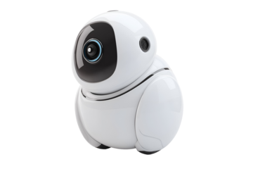 Futuristic personal assistant robot with camera eye, sleek modern design for AI and automation concepts.