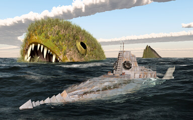 Seeungeheuer und Fantasie Unterseeboot im offenen Meer