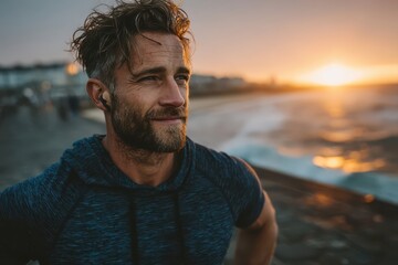 Man in sportswear with earbuds overlooking the ocean at sunset