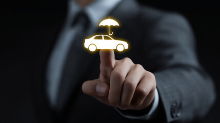 Businessman Touching Car and Umbrella Icons Representing Vehicle Insurance, Car Rental Protection, Auto Warranty and Risk Management Solutions For Modern Transportation