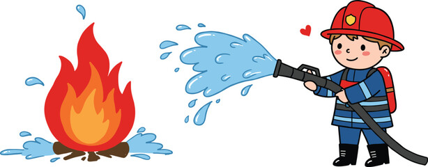Cartoon firefighter spraying water on fire, brave emergency worker illustration, fire safety concept, rescue hero character, children education design, firefighting equipment, safety awareness art