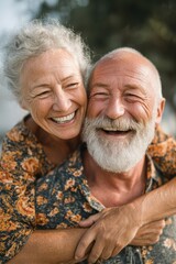 Smiling elderly couple embracing outdoors enjoying each other's company in sunlight