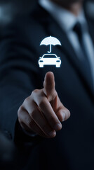 Businessman Touching Car and Umbrella Icons Representing Vehicle Insurance, Car Rental Protection, Auto Warranty and Risk Management Solutions For Modern Transportation, Vertical