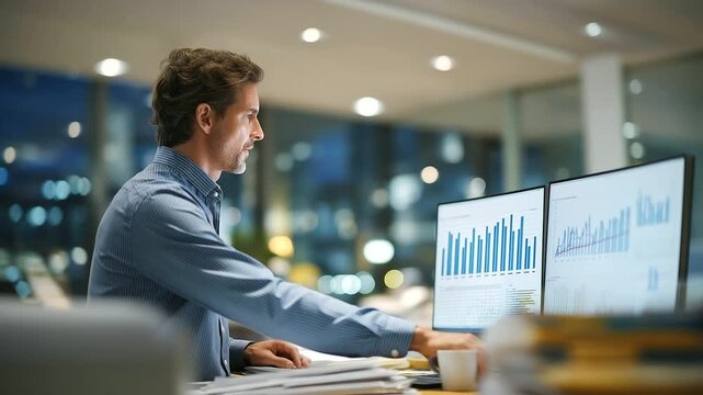 A business intern analyzes market trends in a corporate office with graphs on screens, reports stacking, coffee mugs scattered, and executives discussing strategies, depicted in a analytical photo