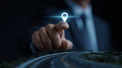 Businessman Touching Location Pin Icon Representing Business Logistics, Branch Management, Market Expansion