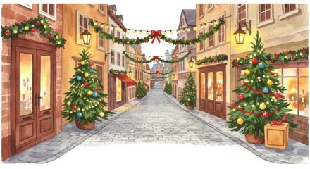 Fototapeta premium Christmas Festival Scene with Decorated Street and Trees in Village