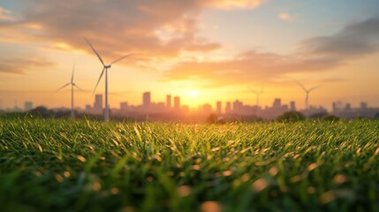 Green grass field with wind turbines and city skyline at sunrise.