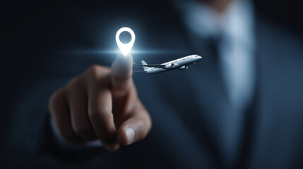 Businessman Touching Airplane and Location Icons Representing Air Cargo Logistics, International Shipping, Supply Chain Management and Global Business Transportation