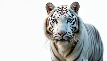 Obraz premium White tiger portrait with stunning blue eyes against white backdrop. Predator feline with striking fur stripes. Wild animal in studio shot. Beautiful creature stares directly at viewer.