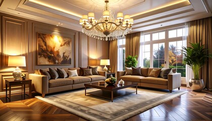 Tranquil golden hour A sun-drenched lounge with a cozy chair and warm tea, offering a serene view of nature through a large window, perfect for peaceful relaxation