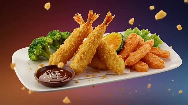 Crispy Fried Shrimp Tempura with Vegetables and Sauce Floating.